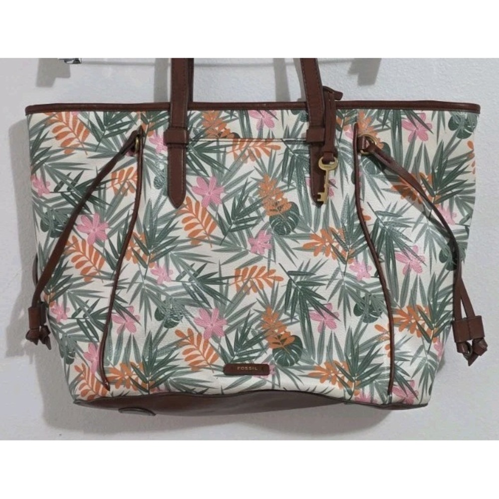 Fossil Talulla Purse‎ Bag Leaf Green Strap Brown Leather Key Tropical Tote NEW